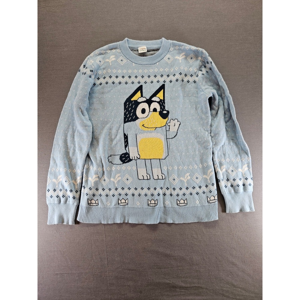 Bluey Kids Light Blue Fair Isle Knit Crewneck Sweater Pullover